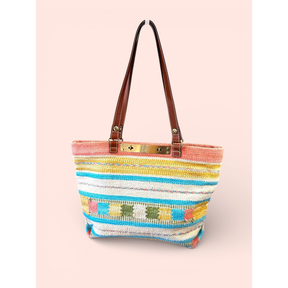Patricia Nash The Chennai Colorful Striped Woven Tote Bag Leather Straps Brass